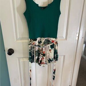 Green and Floral Dress with Belt